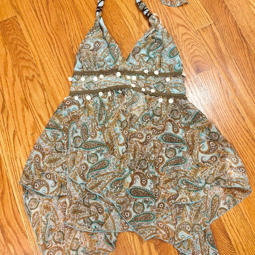 R Jean Blouse Paisley Hankerchief Embellished Halter Top